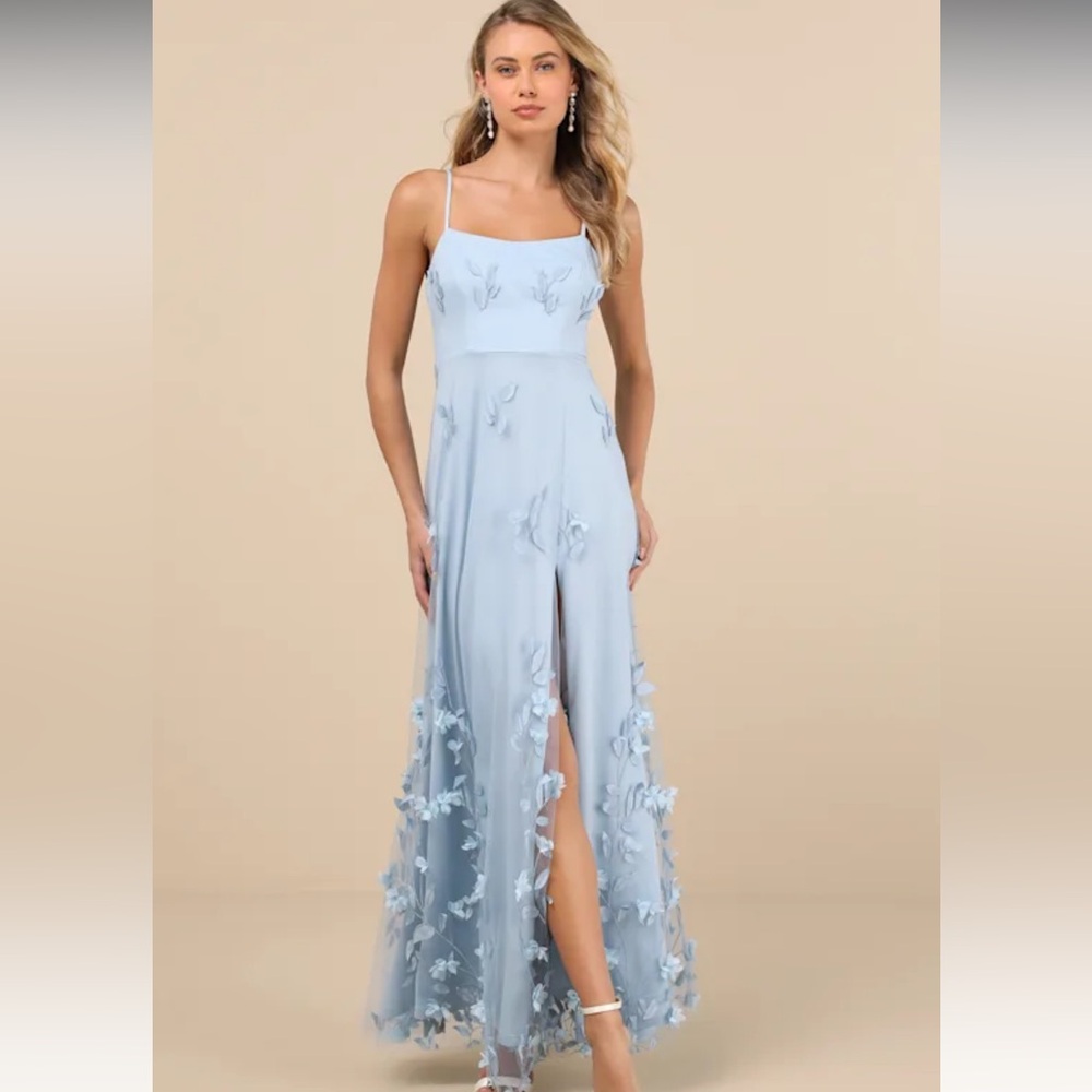 Lulu's Abundant Charm Light Blue 3D Floral Applique Maxi Dress